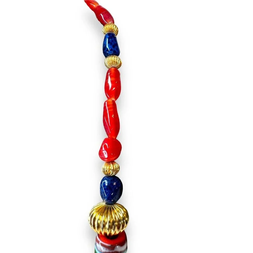 Vintage Tribal-Inspired Red, Blue & Gold Statement Necklace 27" Unsigned - Picture 7 of 13